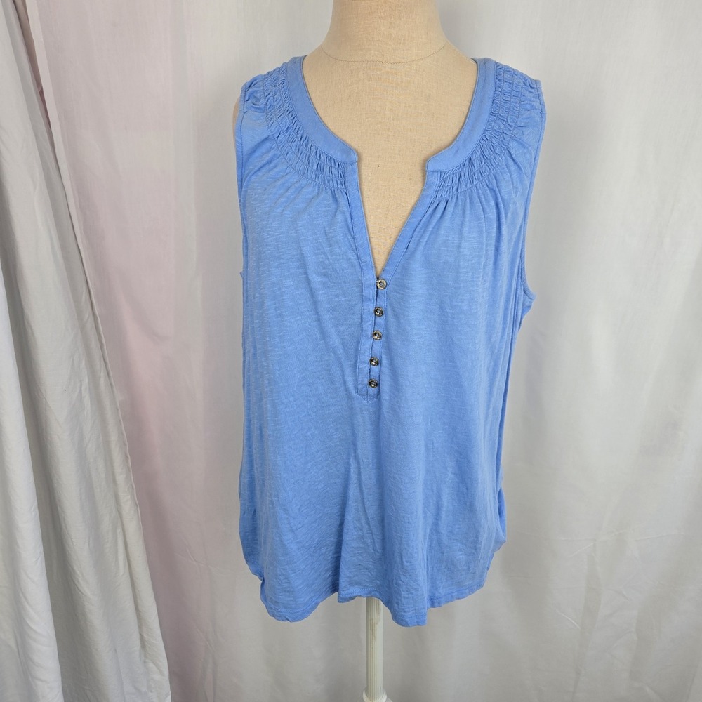 Lilly Pulitzer Blue Essie Tank Top Size XL T-shirt Button Front Smocked Cotton